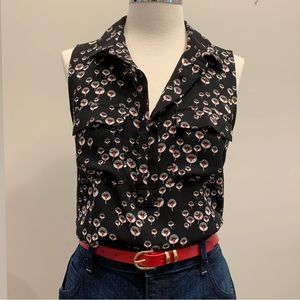 LOFT Mixed Media Collared Pattern Sleeveless Blouse With Pockets, Black Medium P